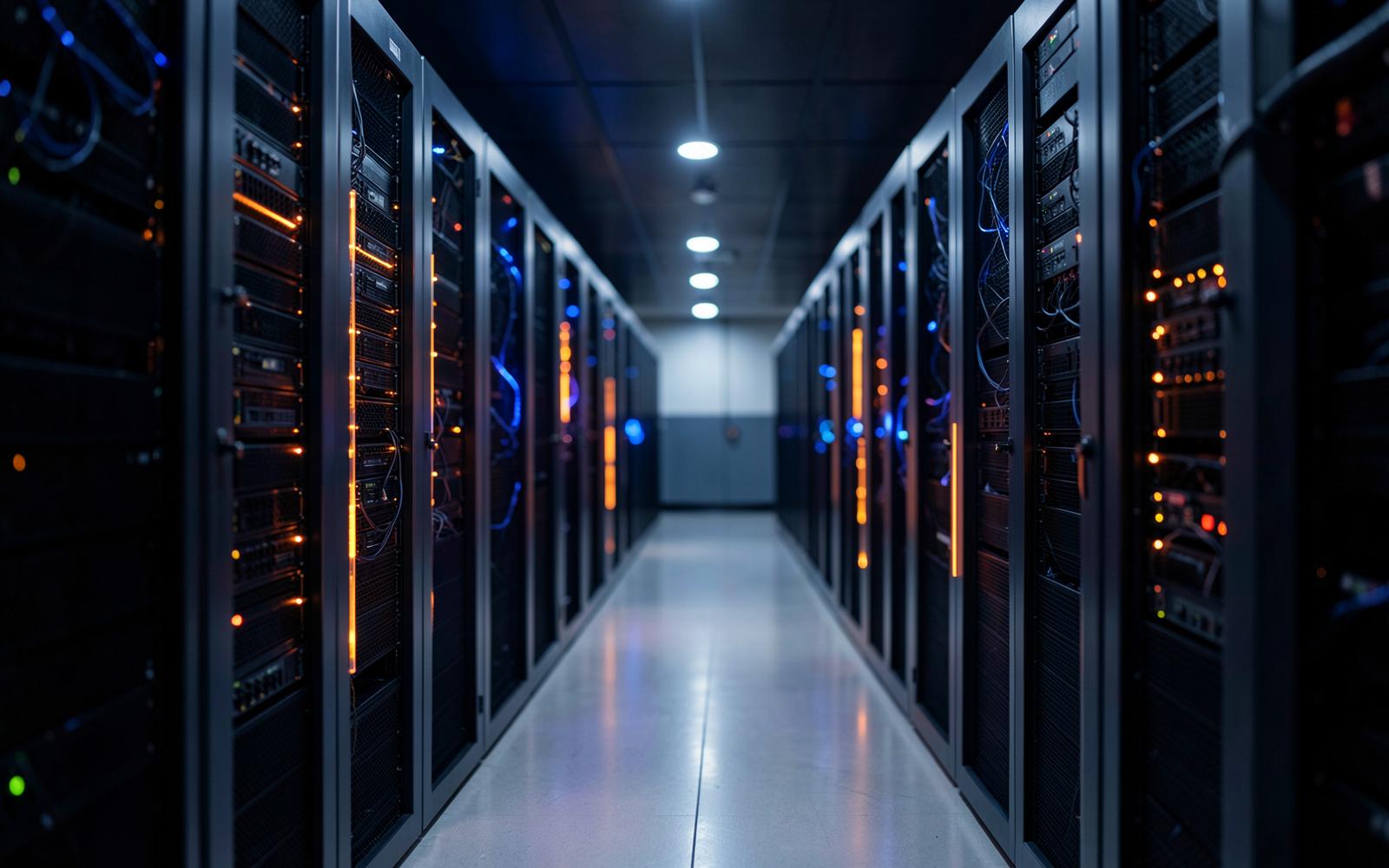 Corredor de data center com racks de servidores iluminados