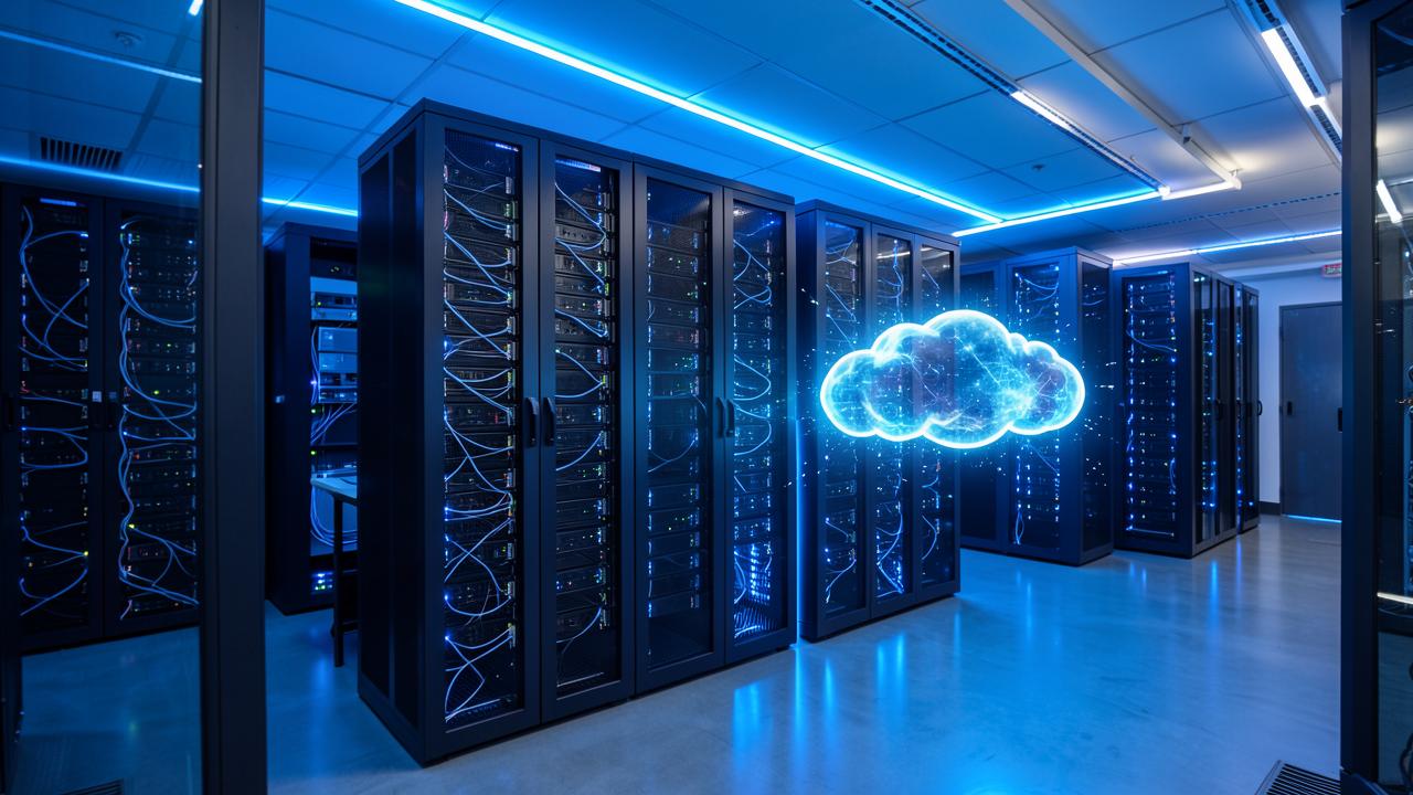 Sala de servidores com iluminação azul representando backup em nuvem