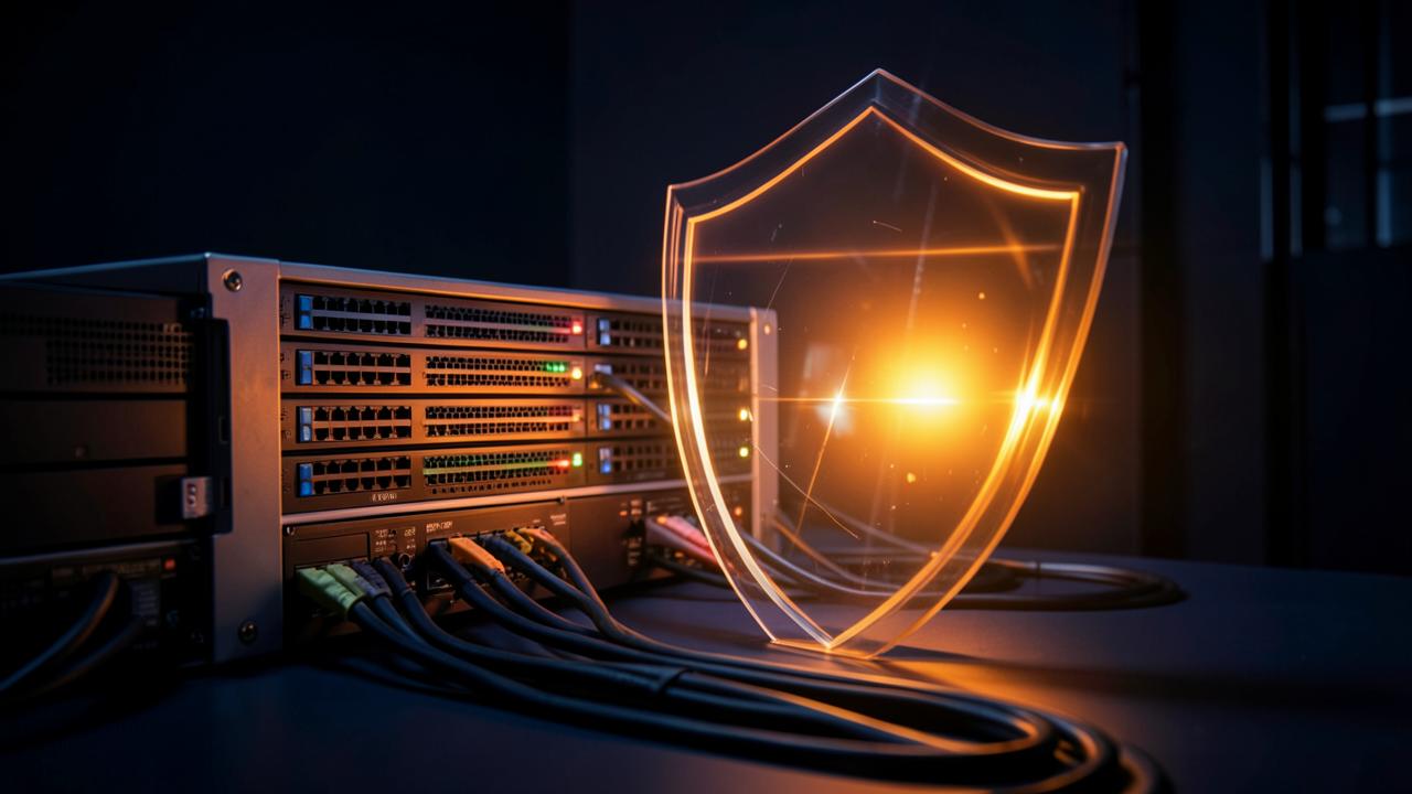 Equipamento de rede com escudo luminoso representando firewall gerenciado