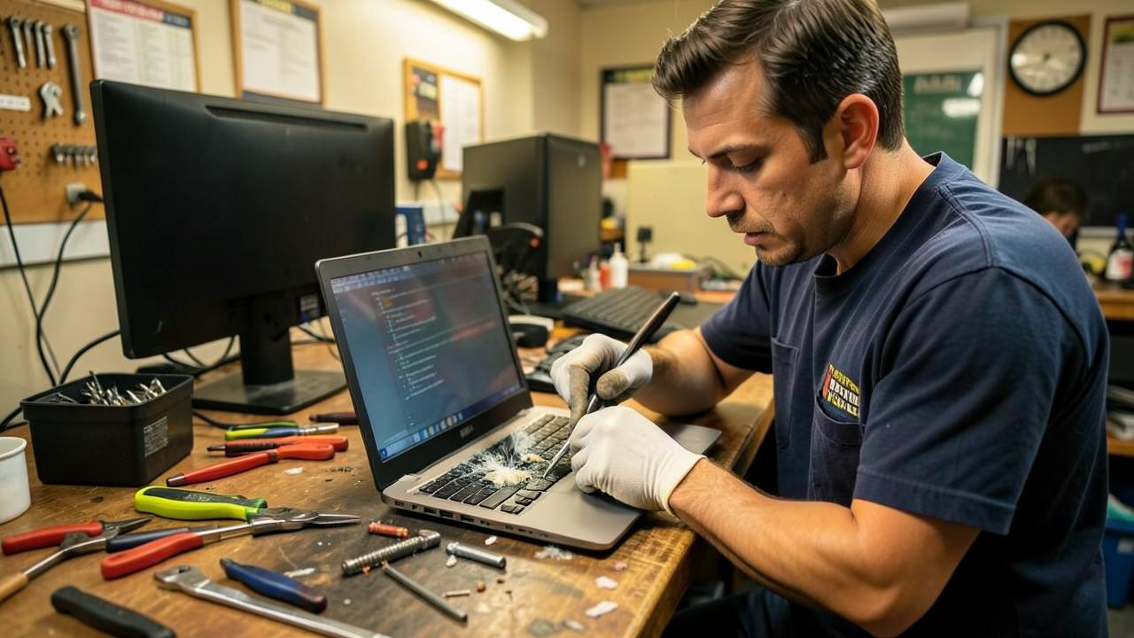 Técnico realizando manutenção em um notebook sobre bancada de trabalho
