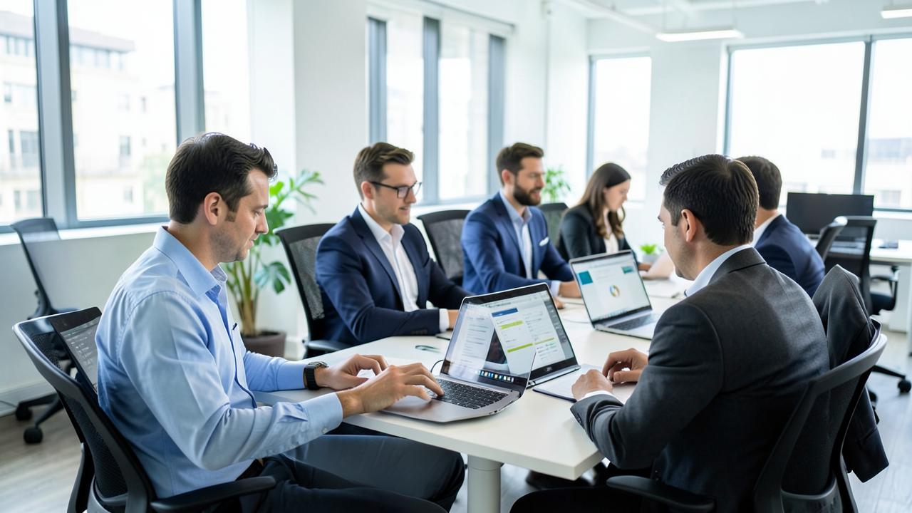 Equipe de empresa trabalhando em notebooks em escritório moderno